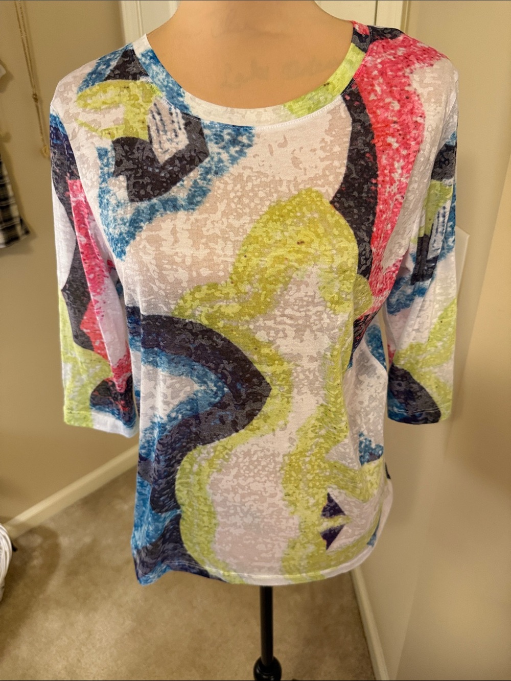 Women's Abstract Print 3/4 Sleeve Top - White Multi